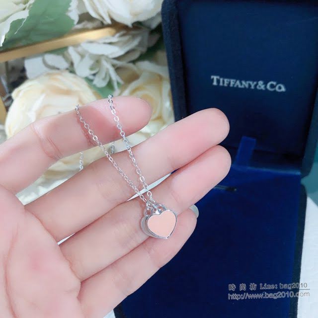 Tiffany純銀飾品 蒂芙尼女士專櫃爆款925純銀櫻花粉藍色雙心琺瑯項鏈  zgt1657